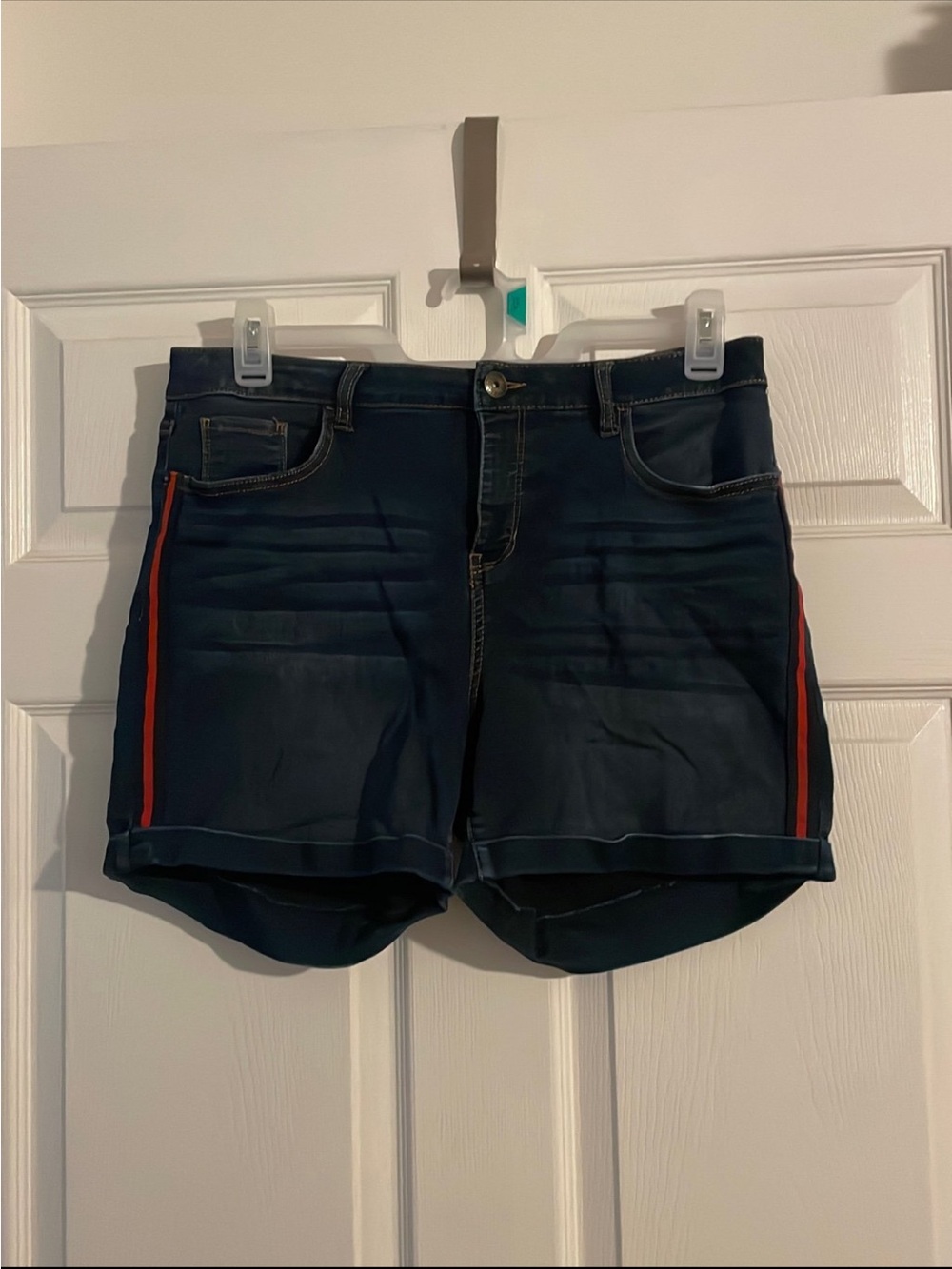 Dark Blue Denim Jean Shorts with Red Side Stripe